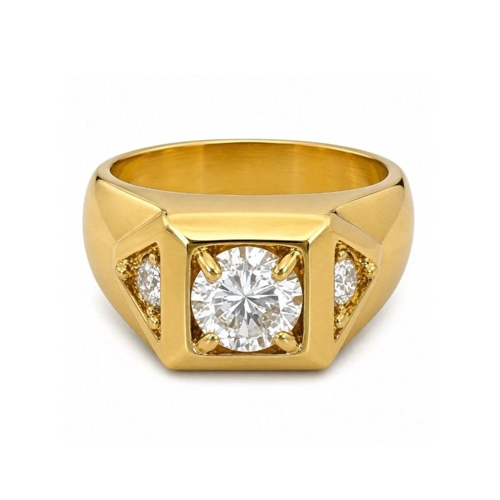 Vintage 1970s Ring Size 8 CZ Square Prong Set Gold Plated Band - 14O